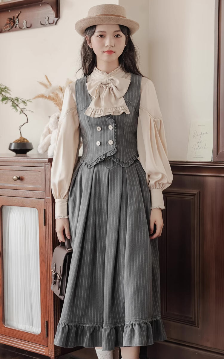 Victoria Stripe Midi Skirt (Gray)