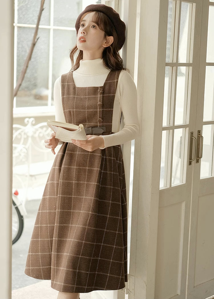 Belted Plaid Pinafore Dress (3 Colors)