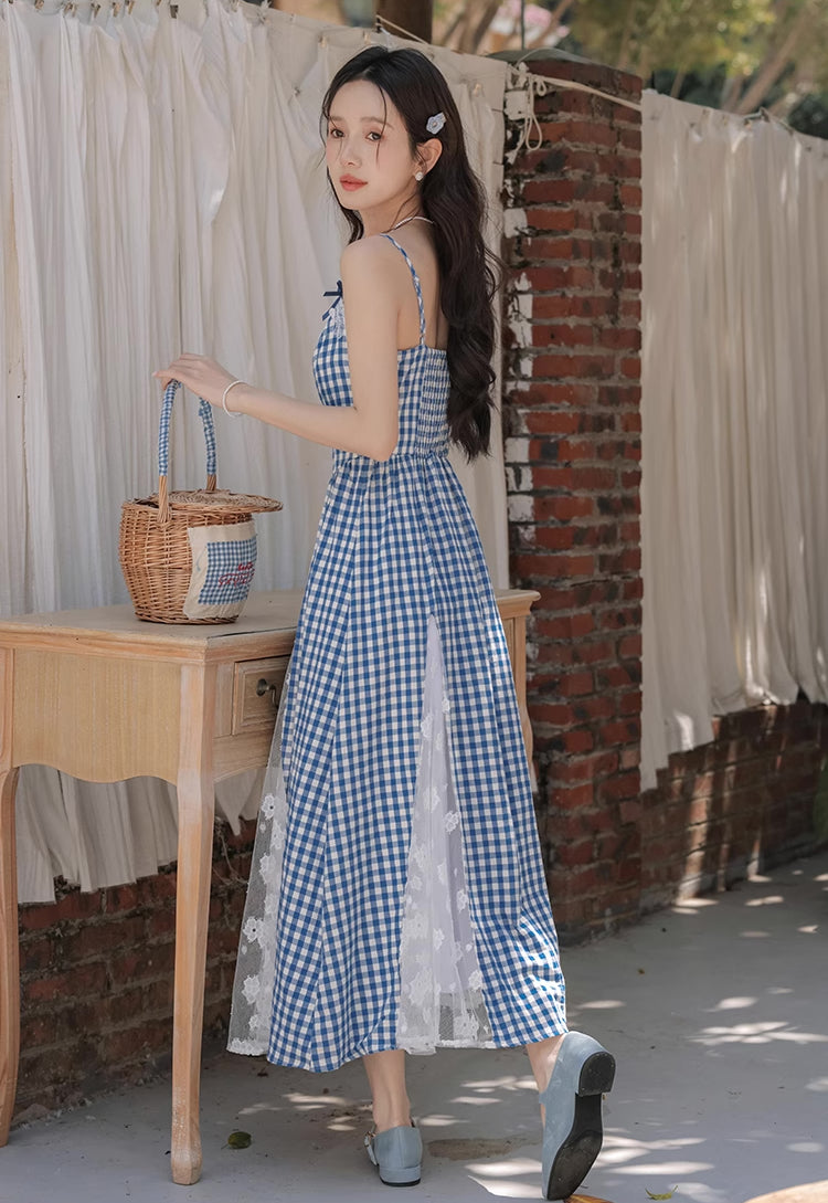 Gingham Lace Cami Maxi Dress (Blue)
