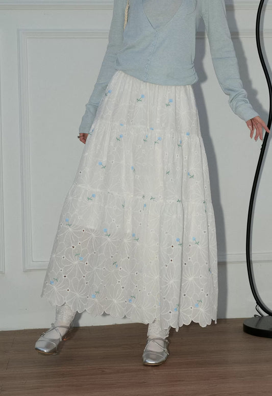 Flower Punch Midi Skirt (White/Blue)