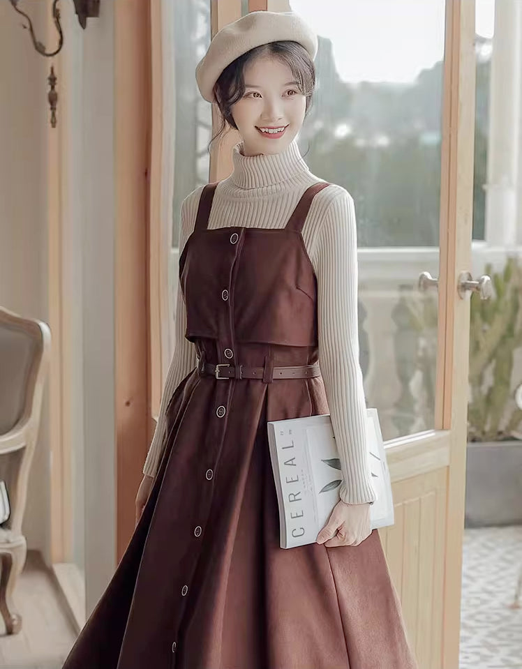 Suede Button Up Cami Pinafore Dress (4 Colors)