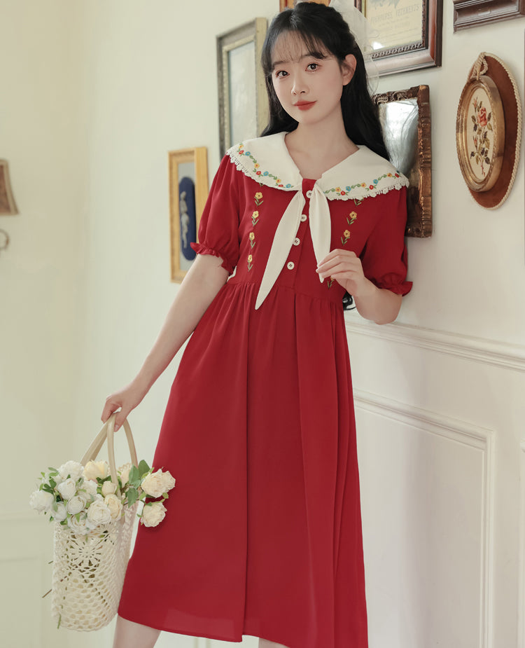 Floral Embroidered Sailor Midi Dress (Red)