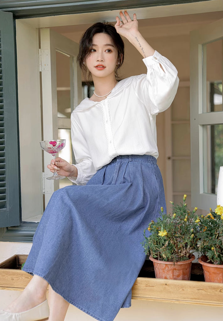 Pleated Denim Midi Skirt (3 Colors)