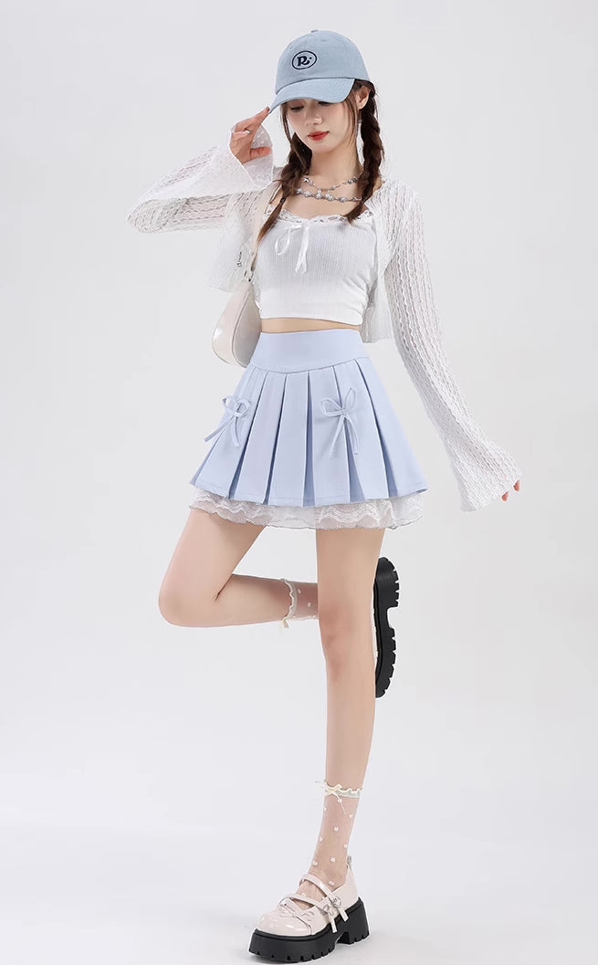 Bow Lace Pleated Mini Skirt (7 Colors)