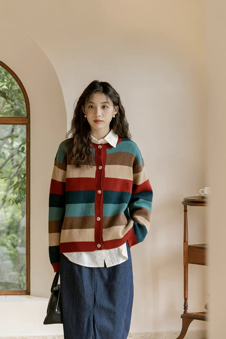 Cozy Stripe Cardigan (Maroon/Teal)