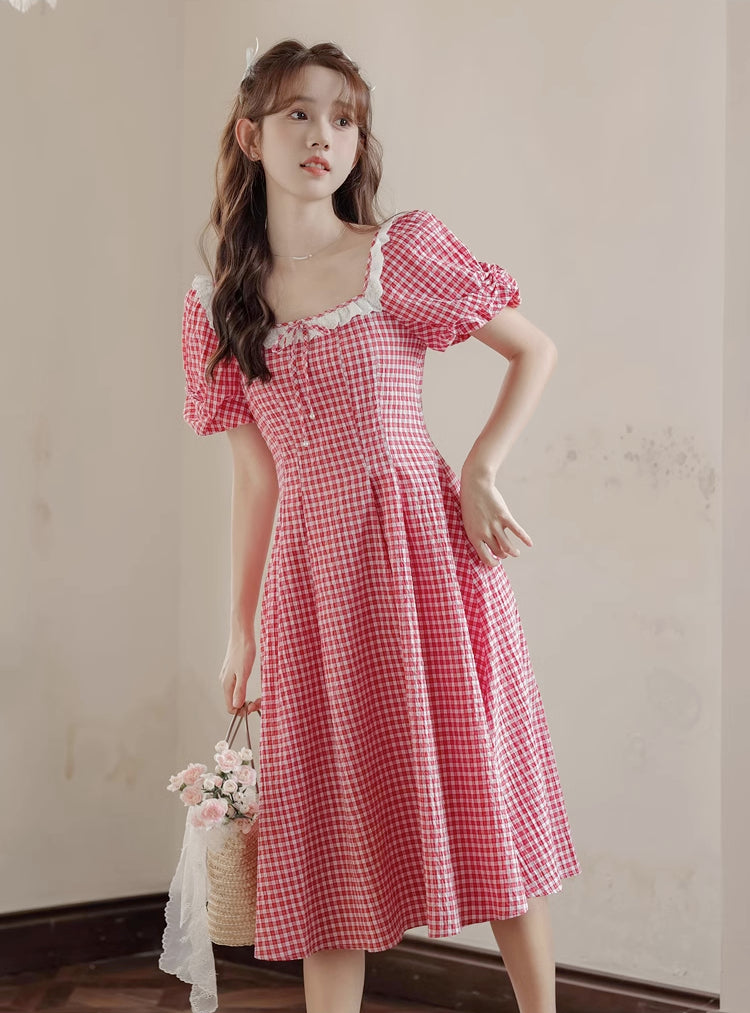 Plaid Puff Sleeve Midi Dress (Red)