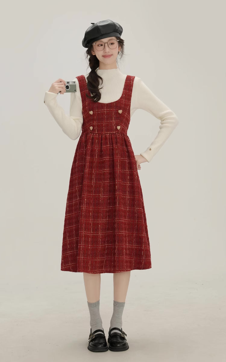 Sweet Apple Pie Plaid Pinafore Dress (Red)