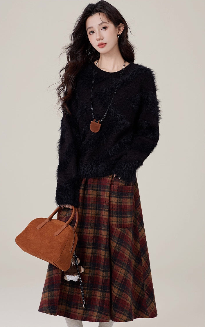Bookshop Plaid Midi Skirt (Red/Khaki)