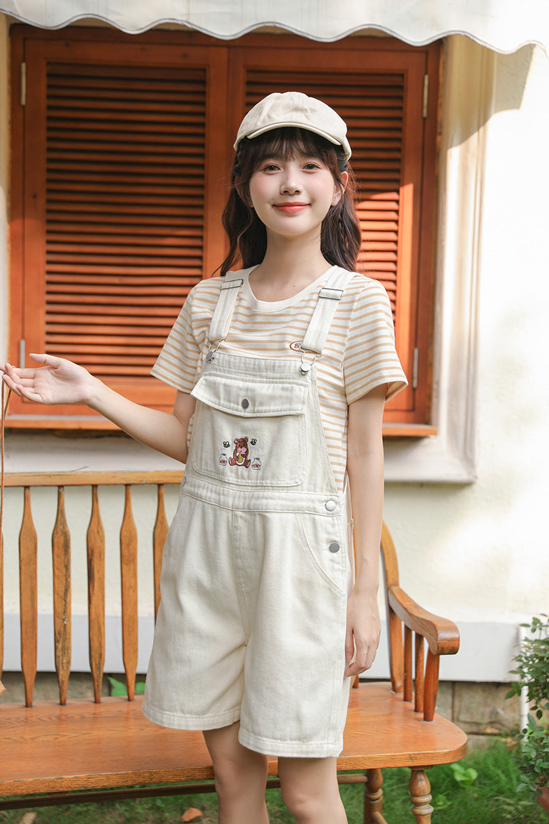 Honey Bear Short Overalls (White)