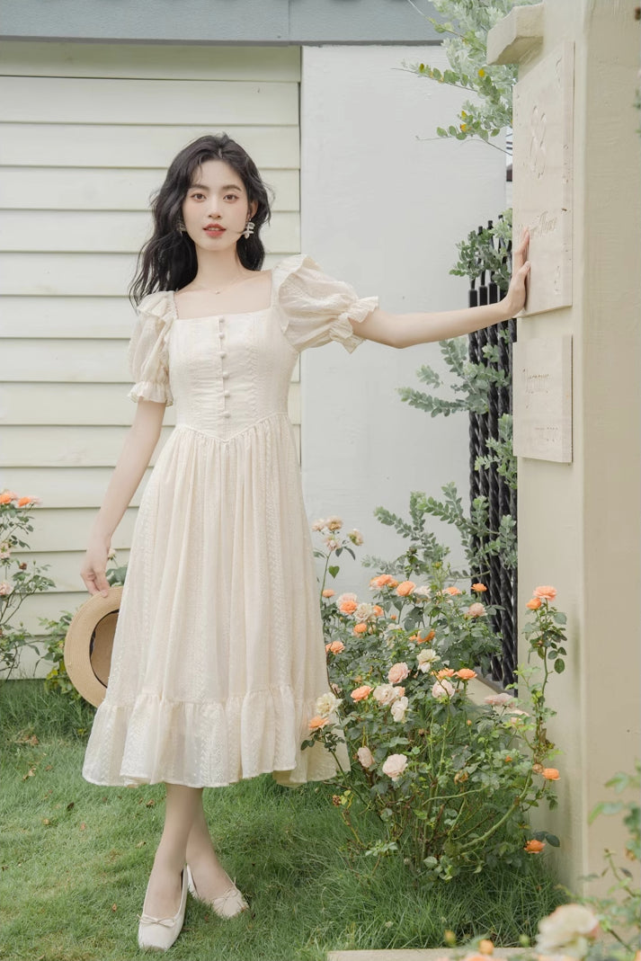 Lace Broderie Midi Dress (Cream)