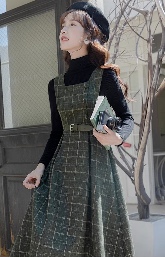 Belted Plaid Pinafore Dress (3 Colors)