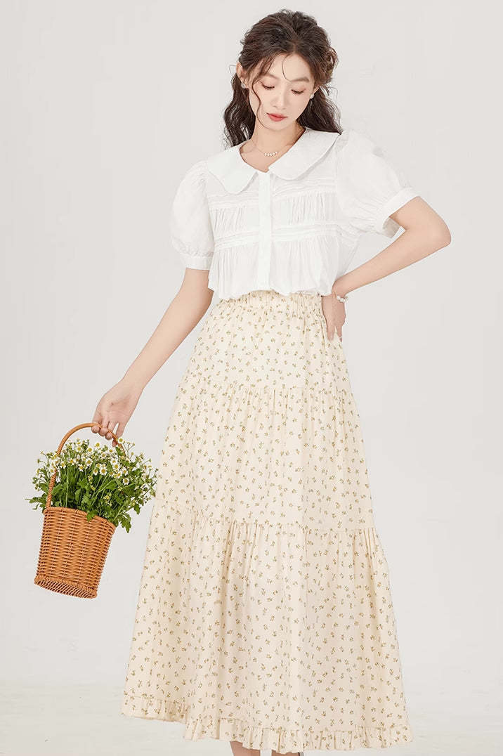 Ditsy Floral Tiered Midi Skirt (Cream)