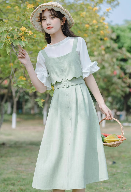 Button Stripe Midi Dress (Green)
