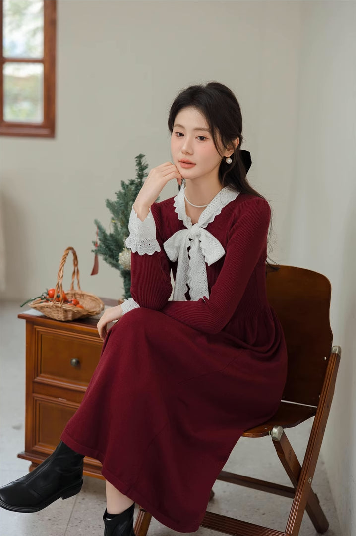 Lace Trim Sweater Midi Dress (2 Colors)
