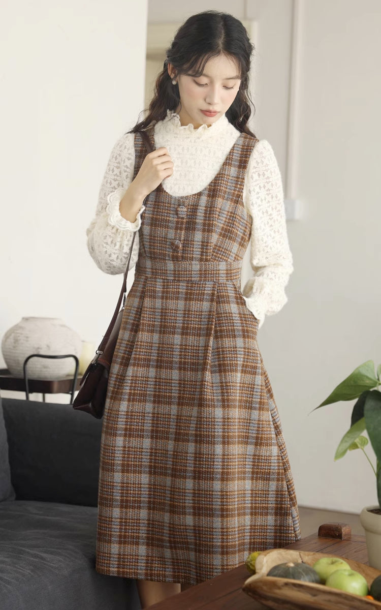 Sunset Plaid Pinafore Midi Dress (Brown)