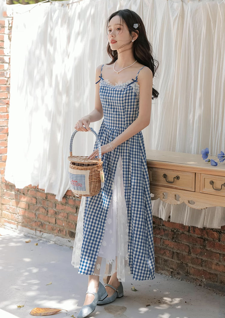 Gingham Lace Cami Maxi Dress (Blue)