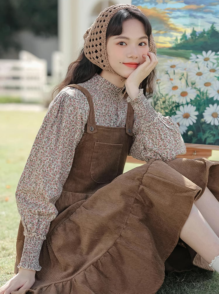 Tiered Corduroy Pinafore Dress & Blouse (Brown)