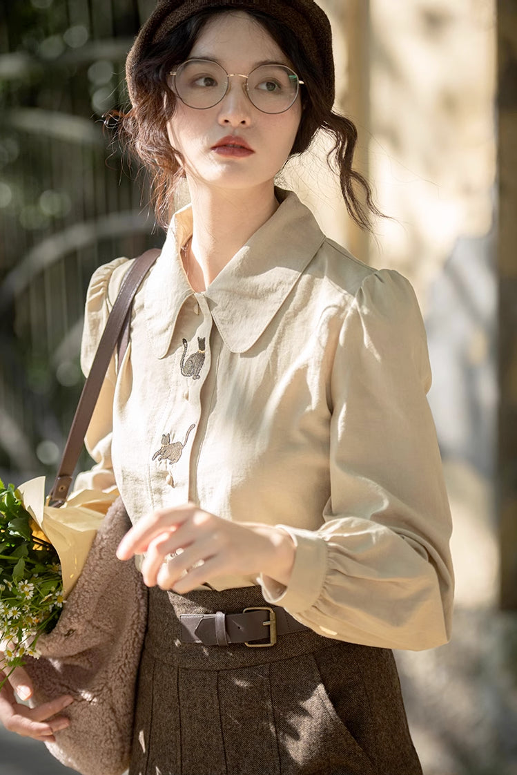 Black Cat Embroidered Blouse (Khaki)