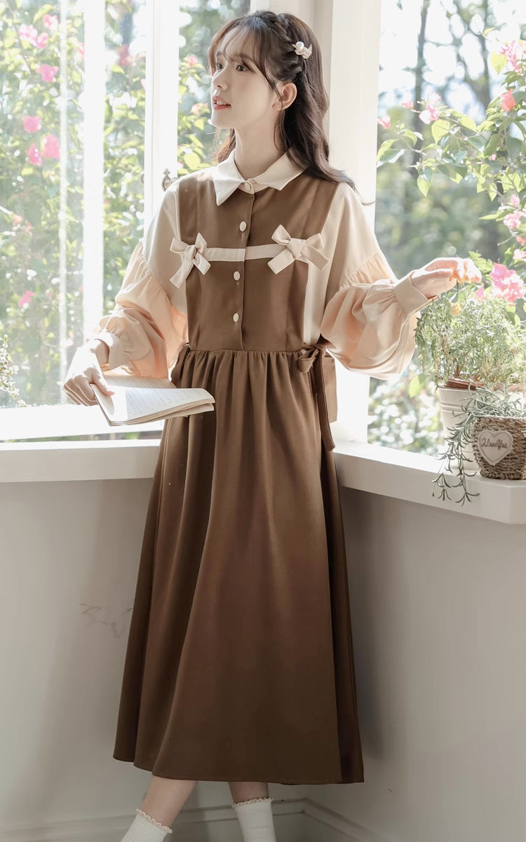 Cocoa Bows Twofer Midi Dress (Brown)