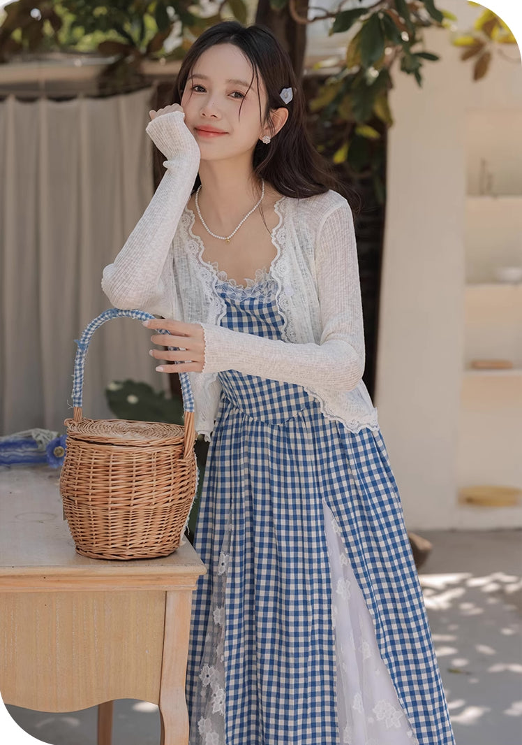 Gingham Lace Cami Maxi Dress (Blue)
