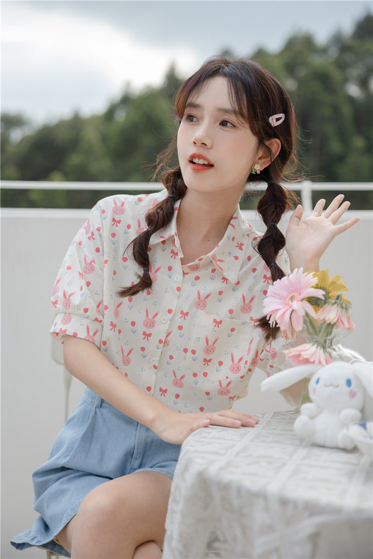 Pink Bunny Cropped Button Up Shirt (White)