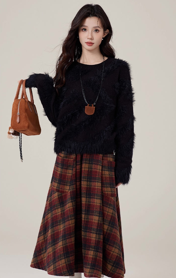 Bookshop Plaid Midi Skirt (Red/Khaki)