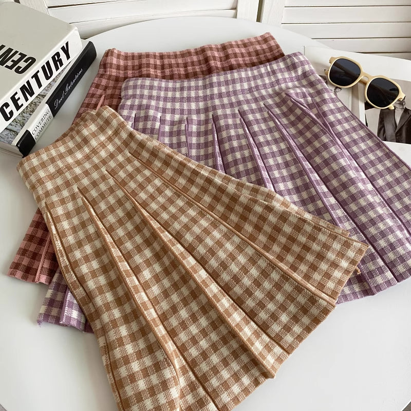 Gingham Knit Pleated Skirt (7 Colors)