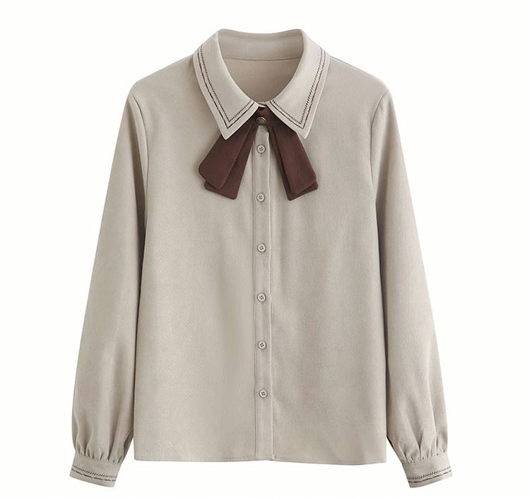 Corduroy Suede Suspender Skirt / Blouse (Brown)