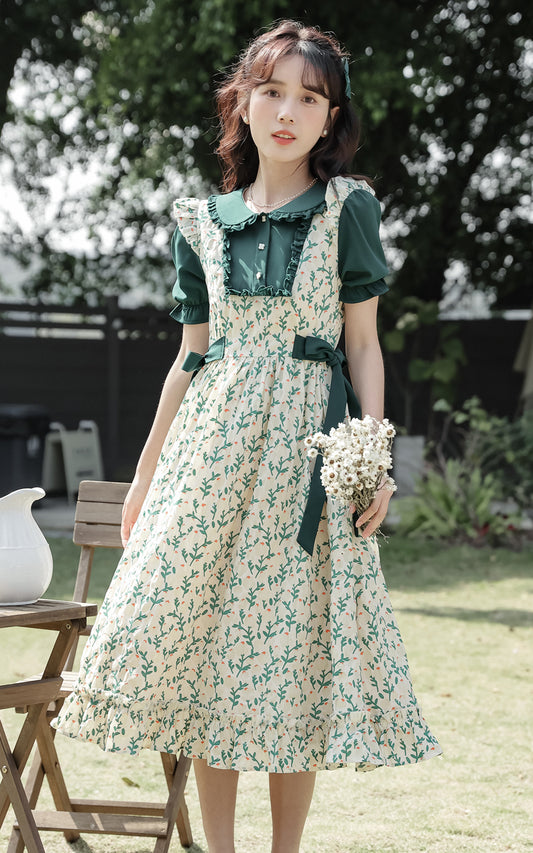 Flower Buds Pinafore Twofer Dress (Dark Green/White)