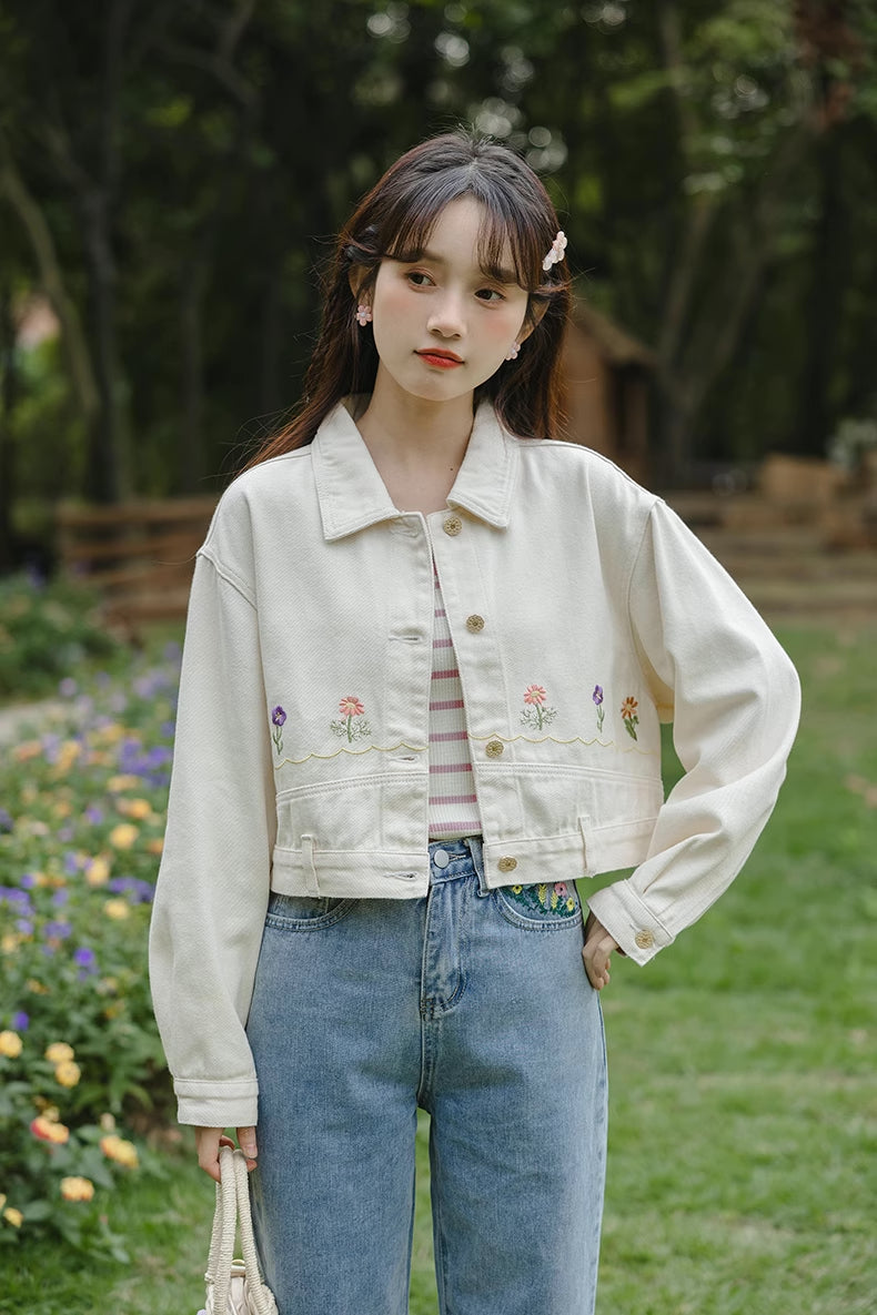 Personal Garden Embroidered Denim Jacket (Cream)