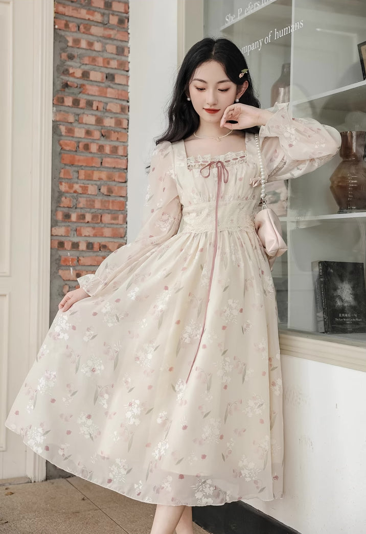 Pinkbells Midi Dress (Cream/Pink)