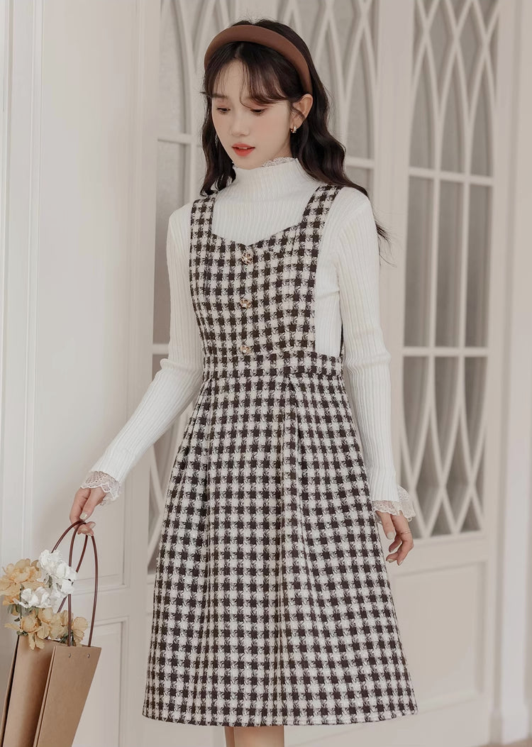 Gingham Tweed Pinafore Dress (Black Brown)