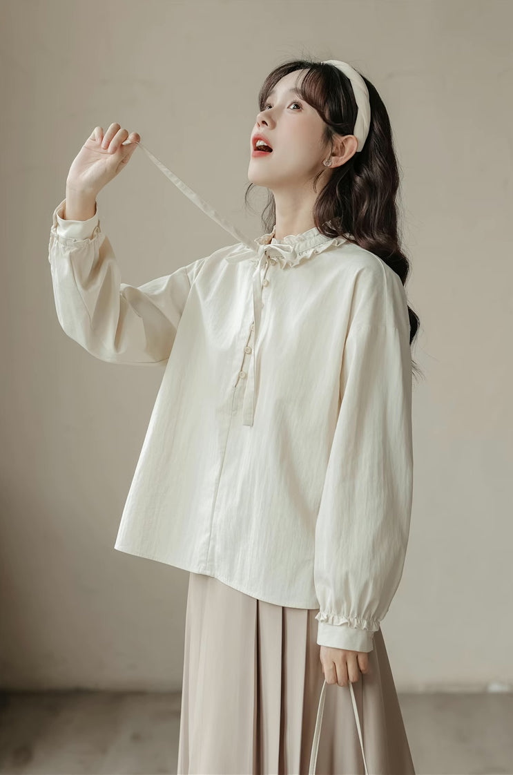 Ruffle Tie Blouse (Beige)