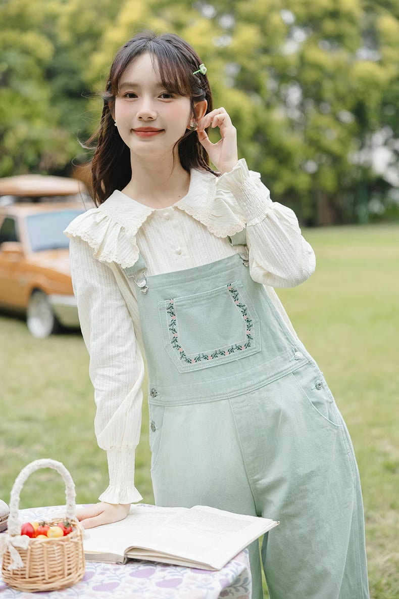 Flower Vines Embroidered Overalls (Green)
