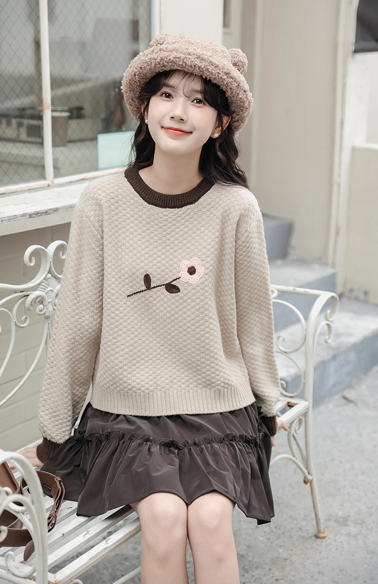 Waffle Knit Flower Sweater (2 Colors)