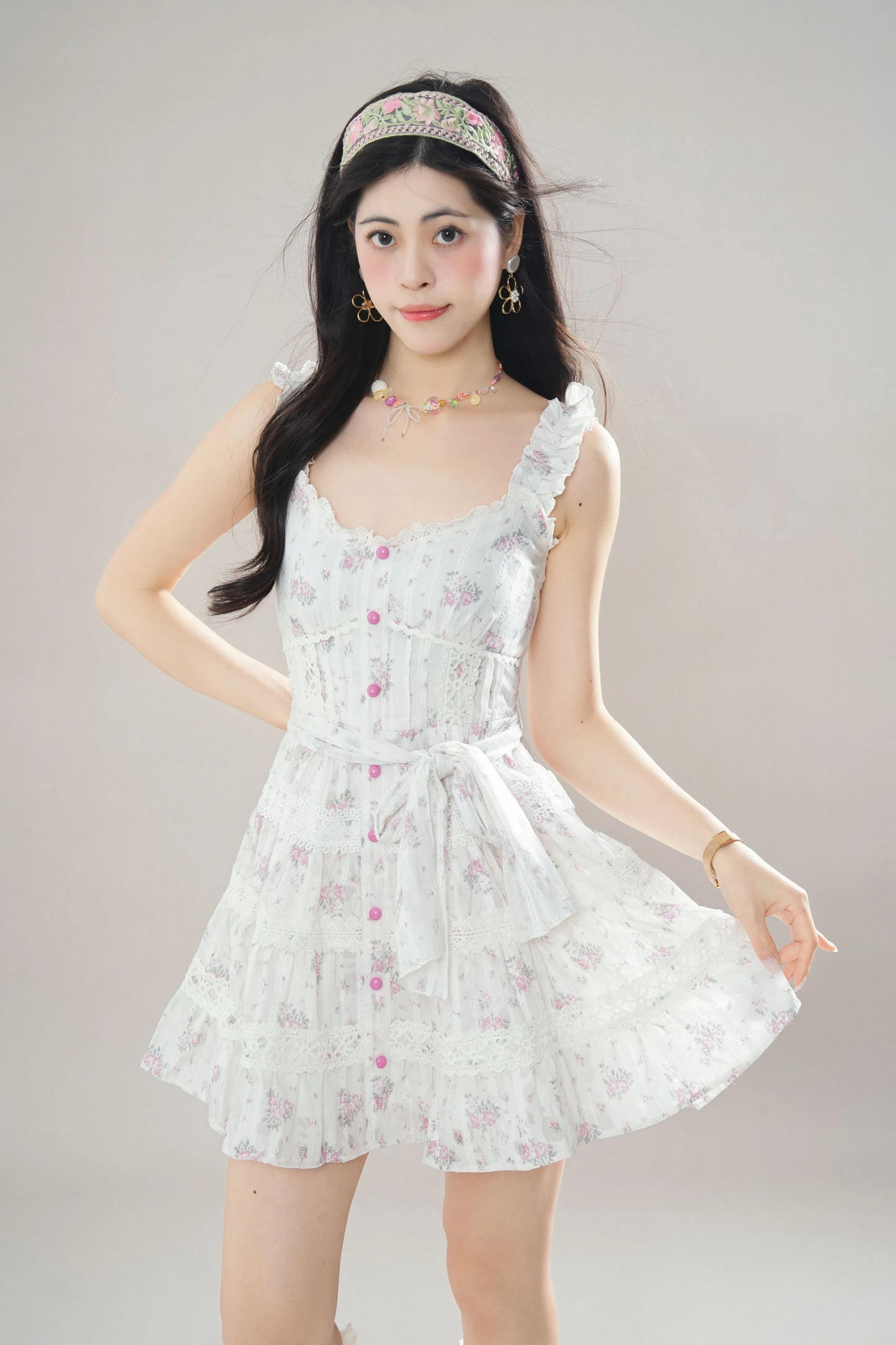 Rose Lace Tiered Mini Dress (White)