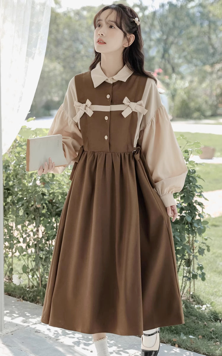 Cocoa Bows Twofer Midi Dress (Brown)