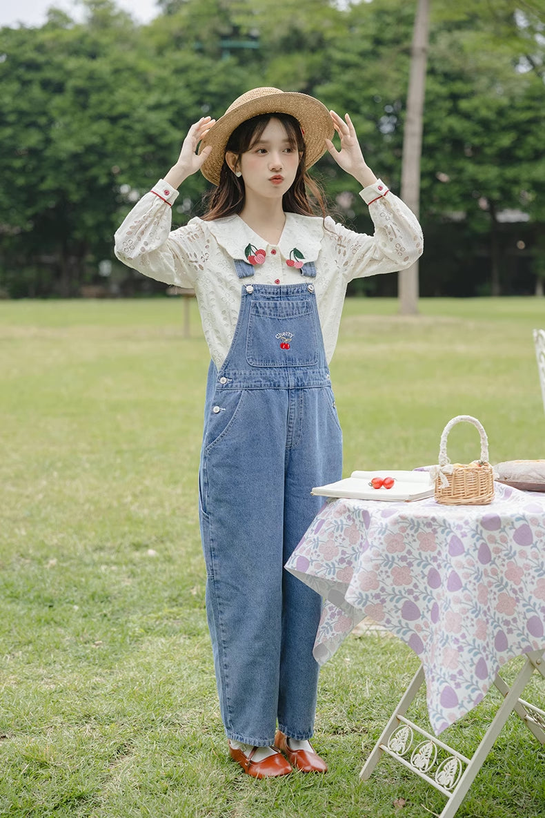 Cherry Denim Overalls (Medium Blue)