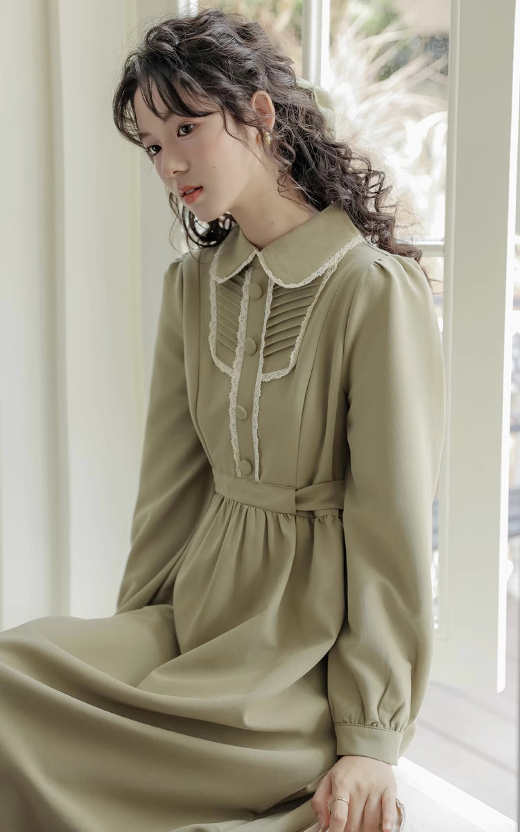 Sunday Tea Long Sleeve Midi Dress (Olive)