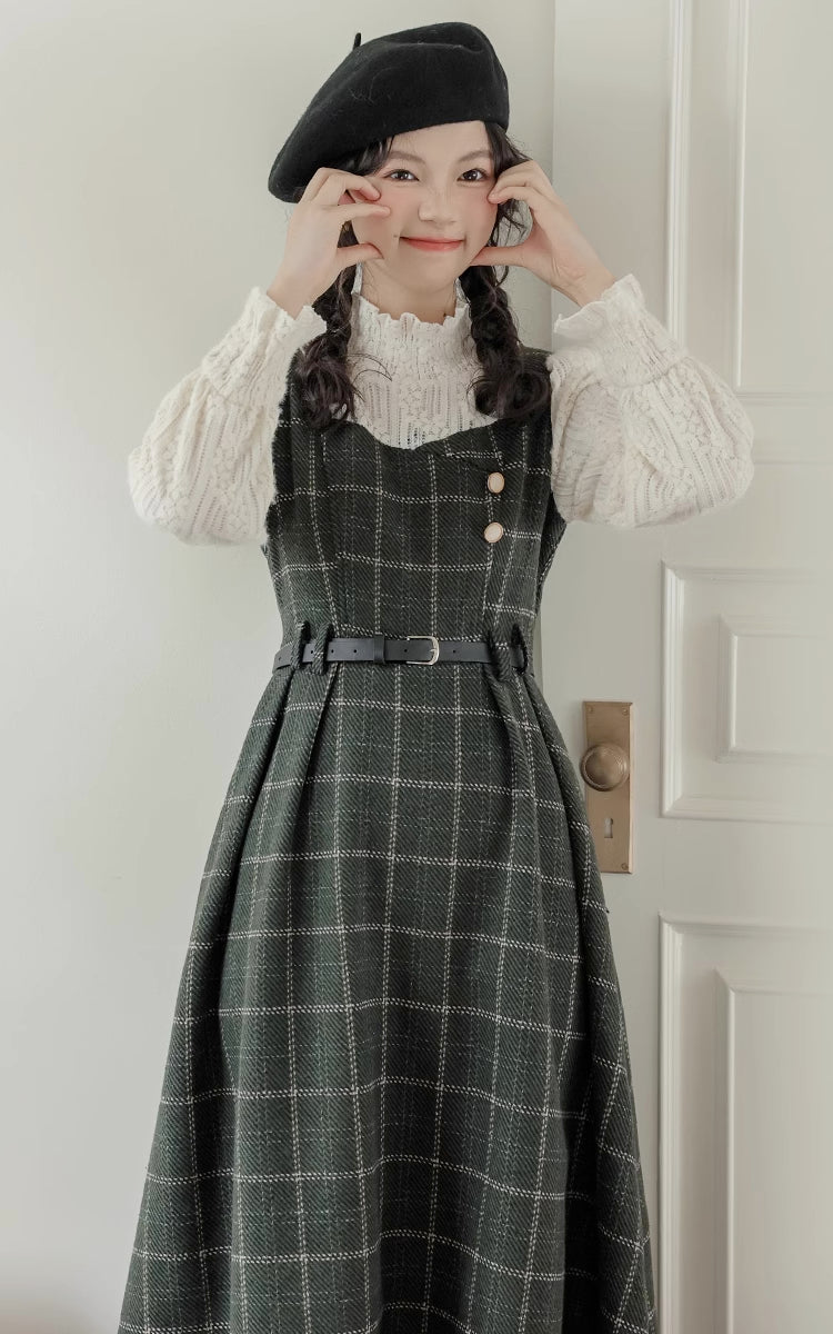 Plaid Pinafore Twofer Midi Dress (Green)