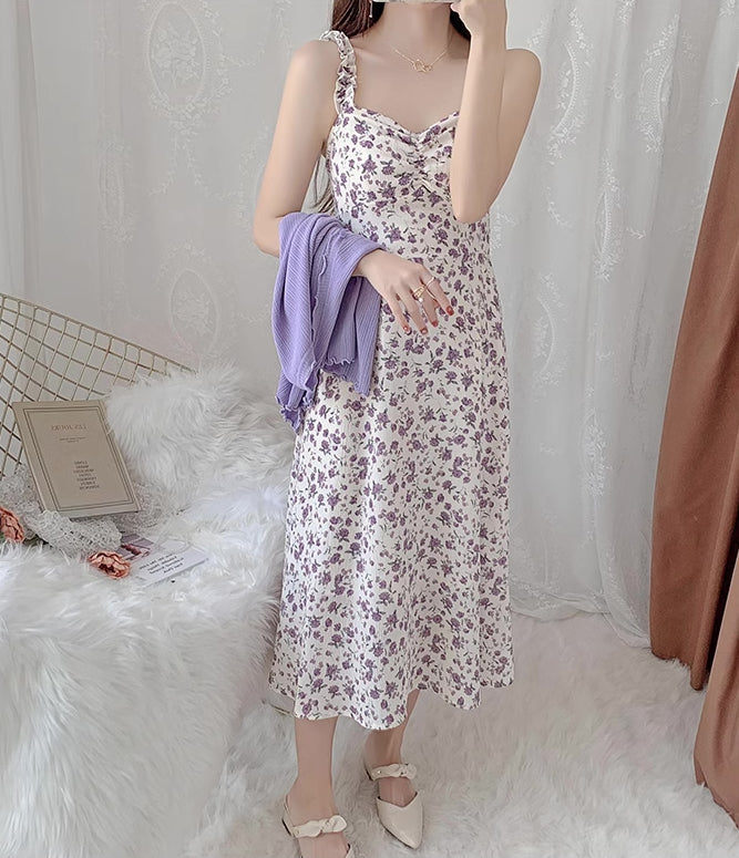 Enchanted Floral Midi Dress (White/Purple)