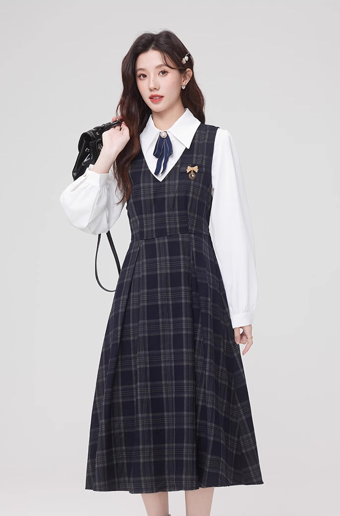 Oxford Plaid Midi Pinafore & Blouse Set (Navy)