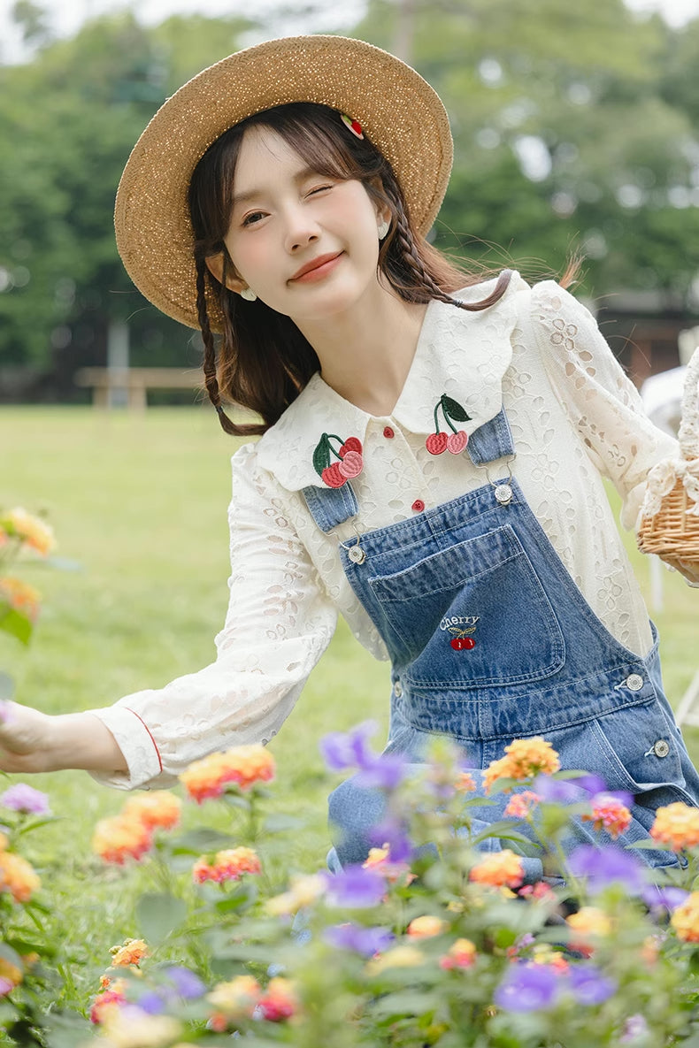 Cherry Denim Overalls (Medium Blue)
