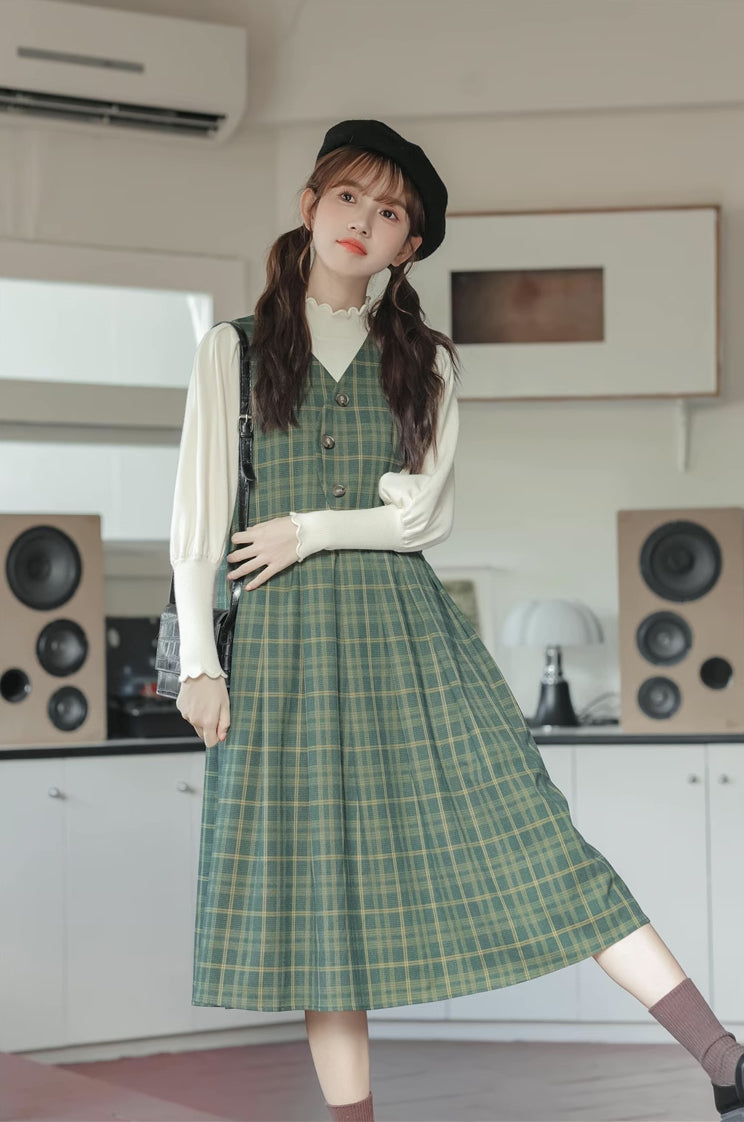 Huntington Plaid Midi Dress (Green)