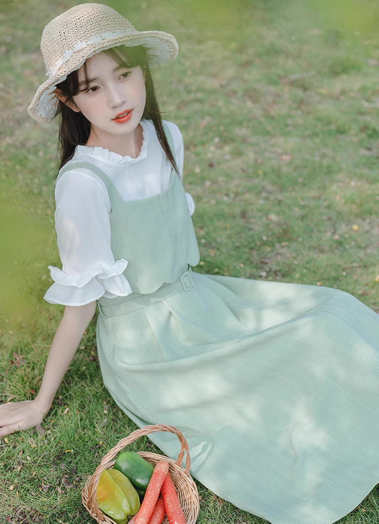 Button Stripe Midi Dress (Green)