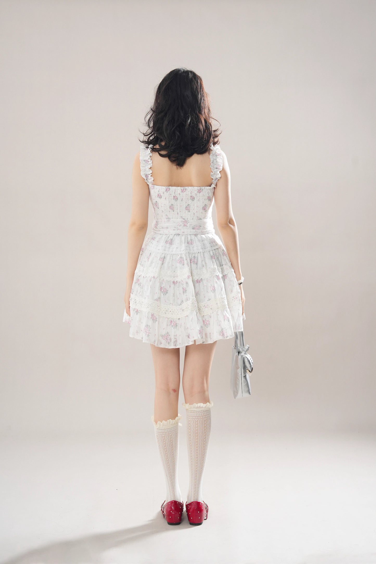 Rose Lace Tiered Mini Dress (White)