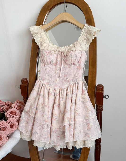 Floral Broderie Flutter Sleeve Mini Dress (Pink)