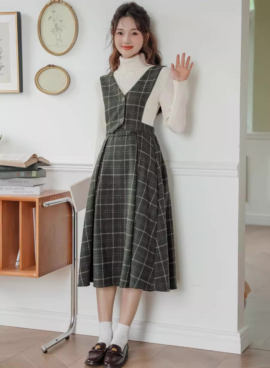 Plaid Vest Pinafore Dress (3 Colors)