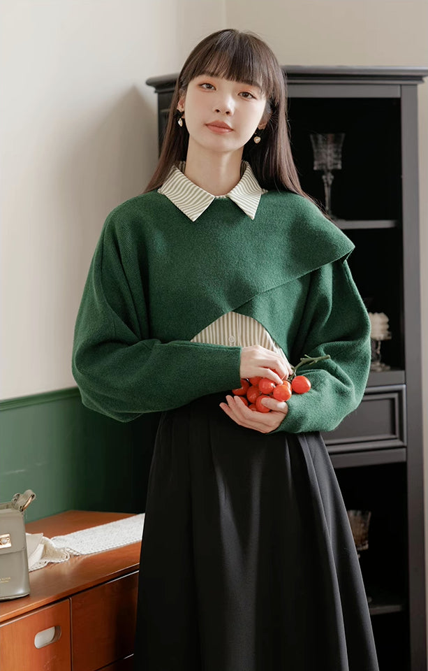 Criss Cross Cropped Throwover Sweater (Green)