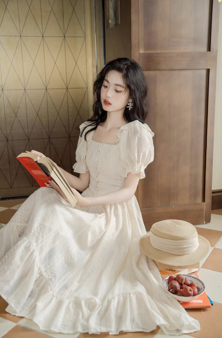 Lace Broderie Midi Dress (Cream)